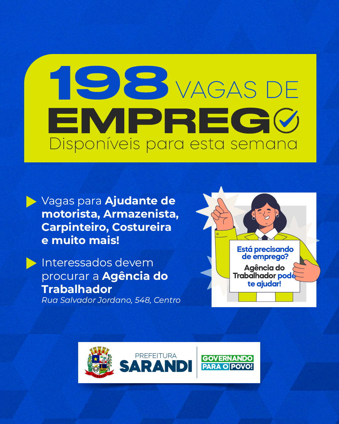 Agência do trabalhador de Sarandi inicia semana oferecendo 198 vagas de emprego